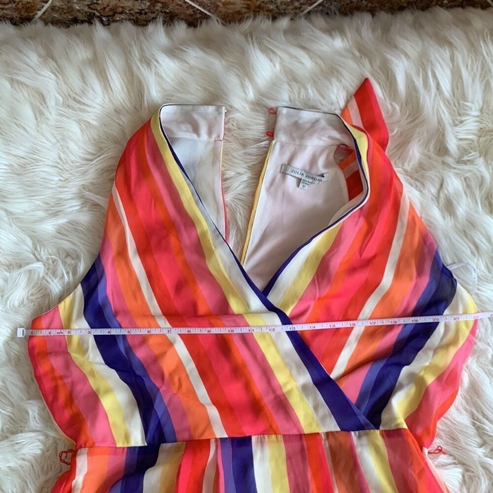 Julia Jordan Rainbow Stripe Surplice Wrap Midi Dress 12 Flounce Hem Sleeveless - Picture 3 of 11